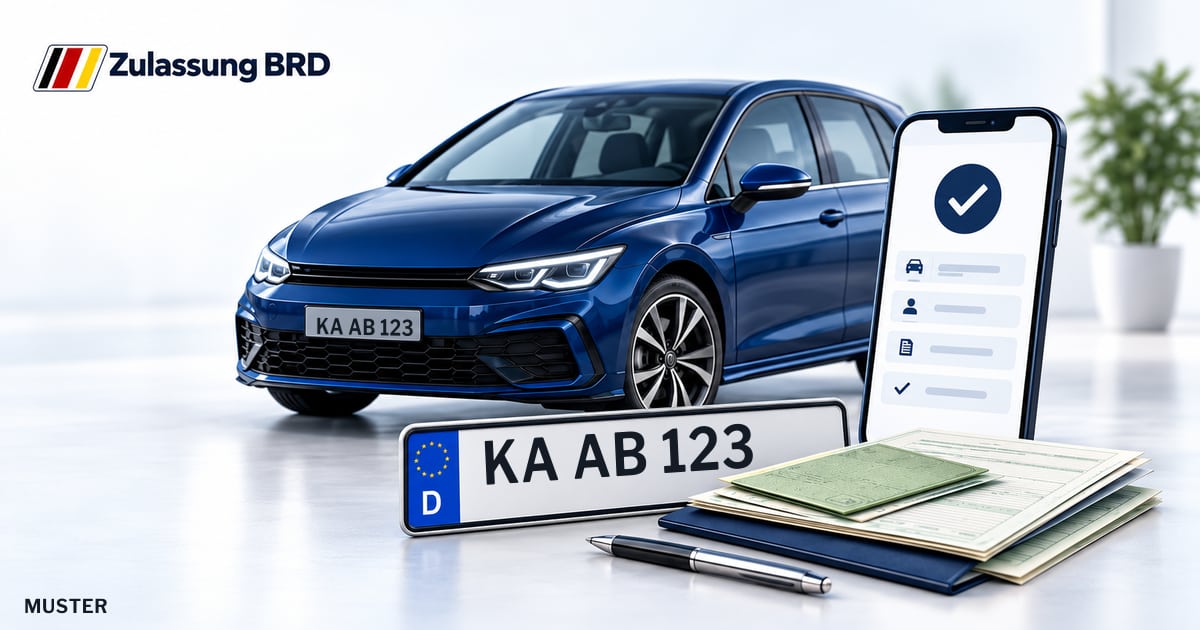 Online Fahrzeugzulassung in Bretten: Musterkennzeichen KA AB 123, Auto und Fahrzeugpapiere und Smartphone. Illustration mit Logo von Zulassung BRD.